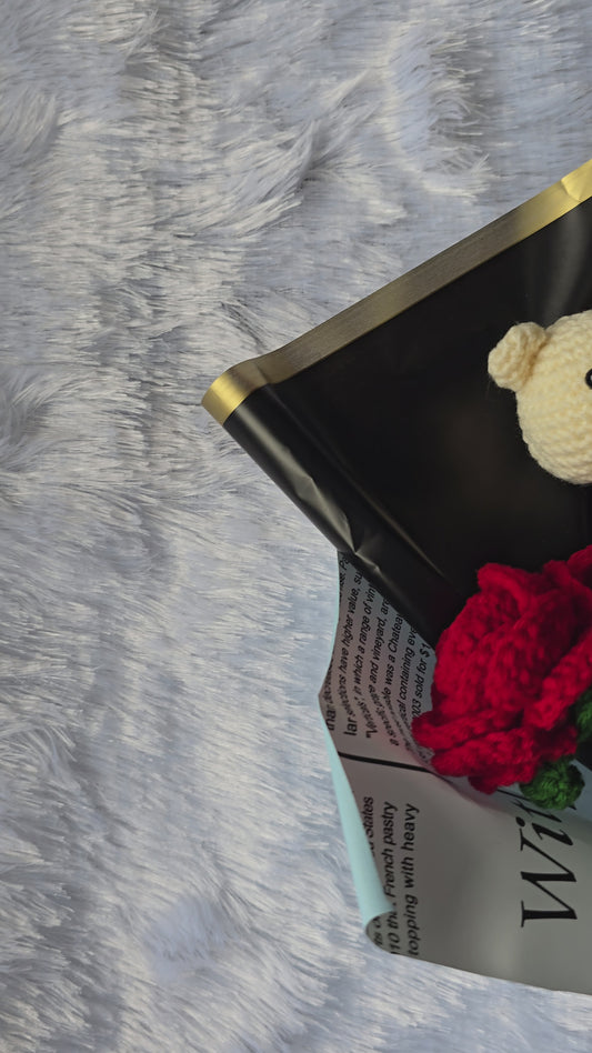 Teddy & Roses Crochet Bouquet – 4 Red Roses with Teddy Face
