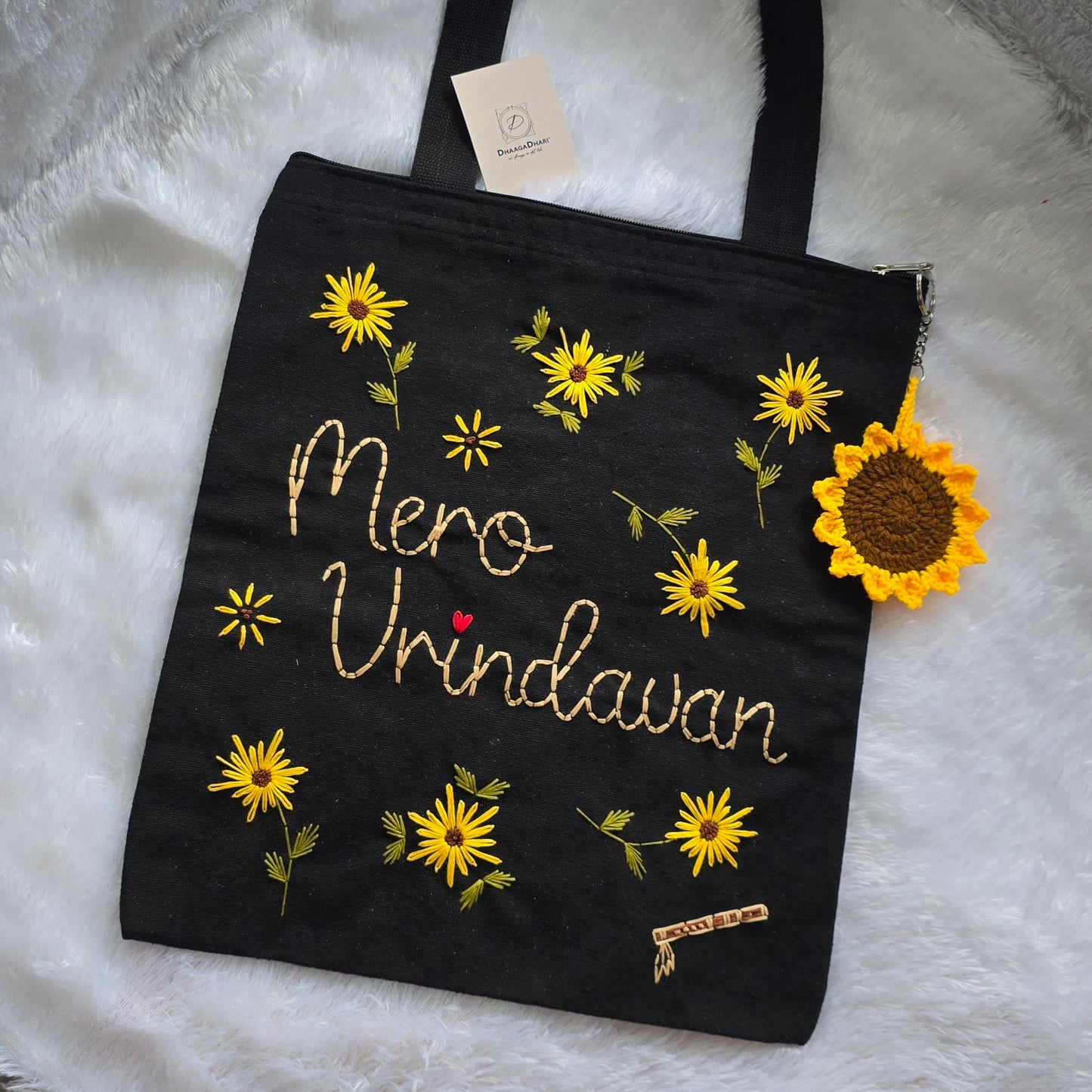 Customized Embroidered Tote Bag | Black & Off-White color with zip | Sunflower | Sunflower Charm