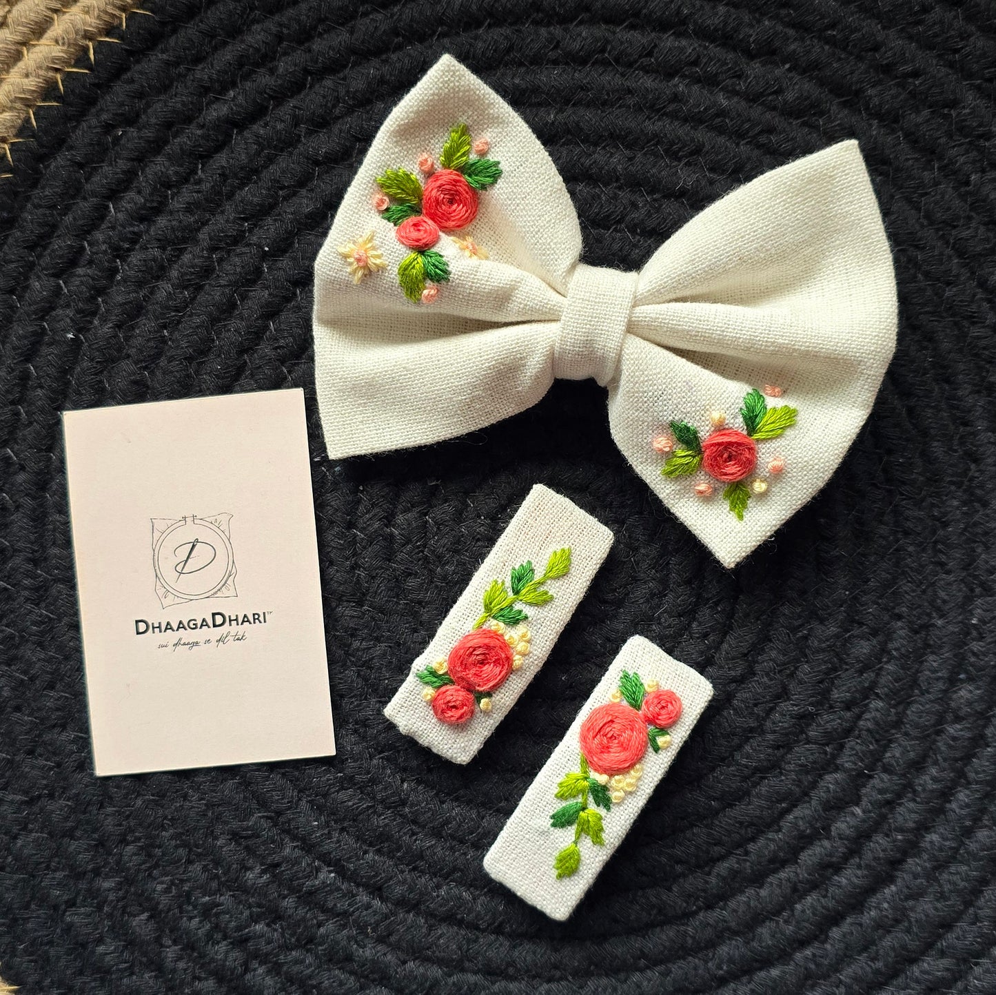 Hand-Embroidered Floral Hair Bows & Clip Sets