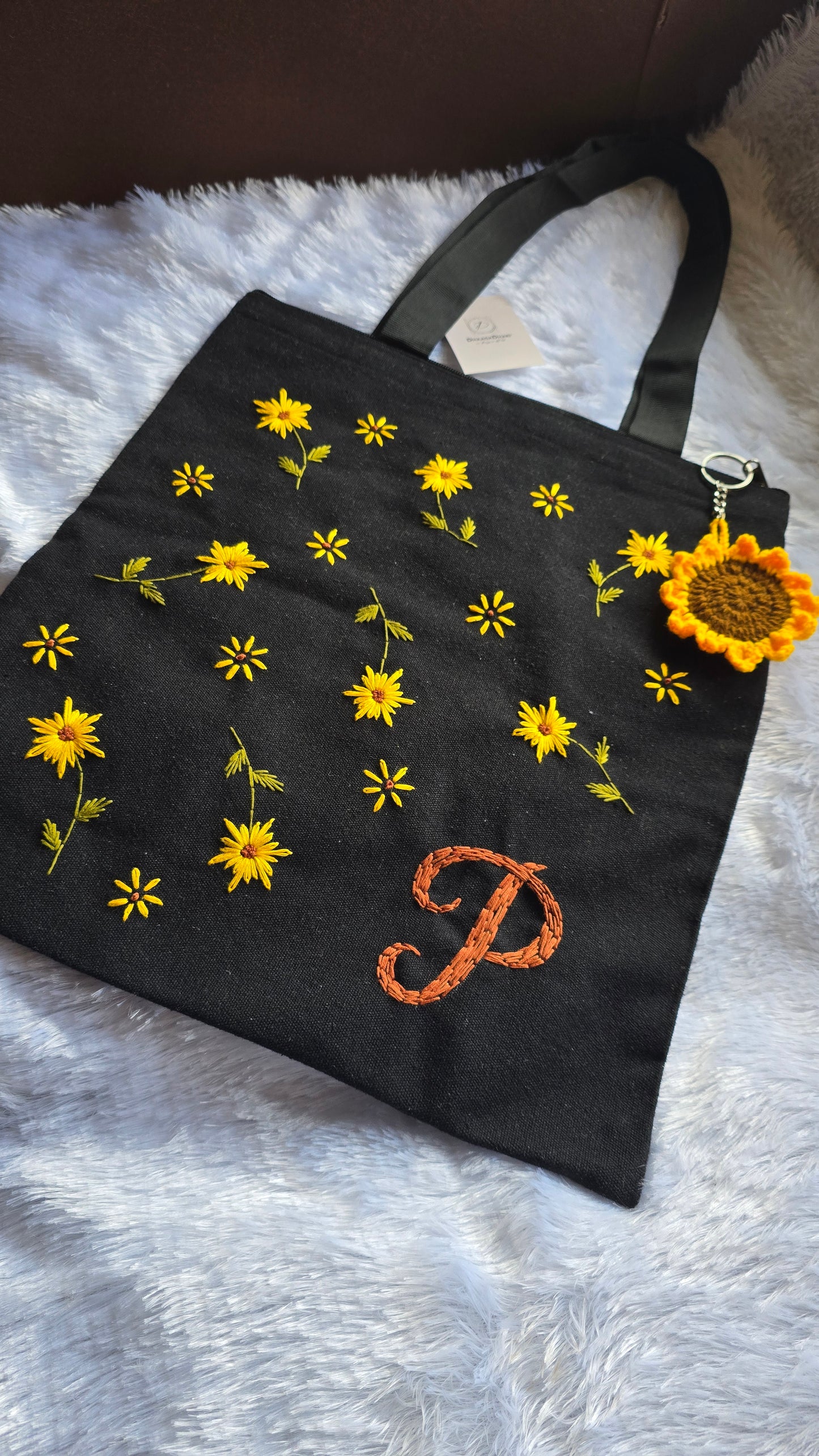 Customized Embroidered Tote Bag | Black & Off-White color with zip | Sunflower | Sunflower Charm