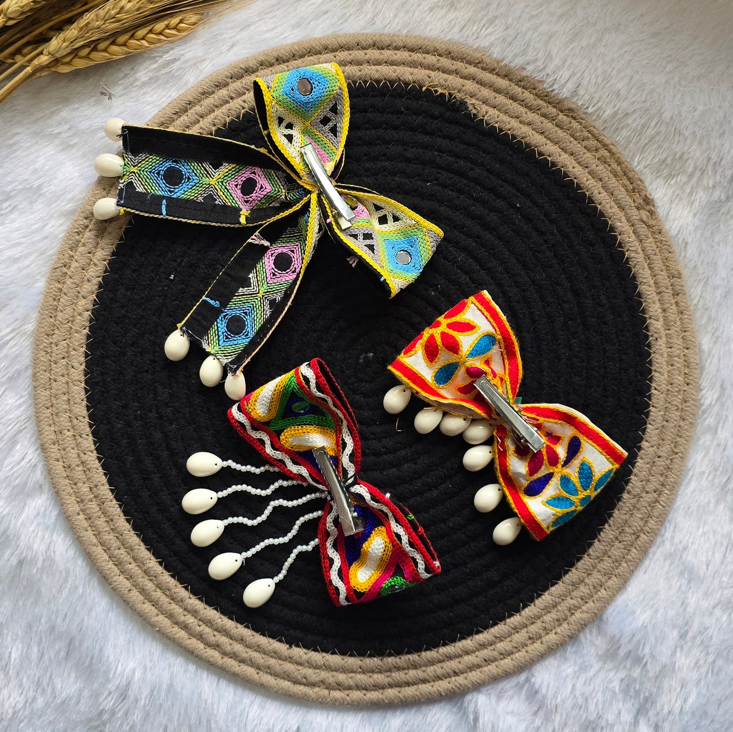 Handmade Navratri Bow with Mirror & Shell Detailing