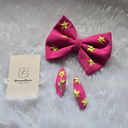 Hand-Embroidered Floral Hair Bows & Clip Sets