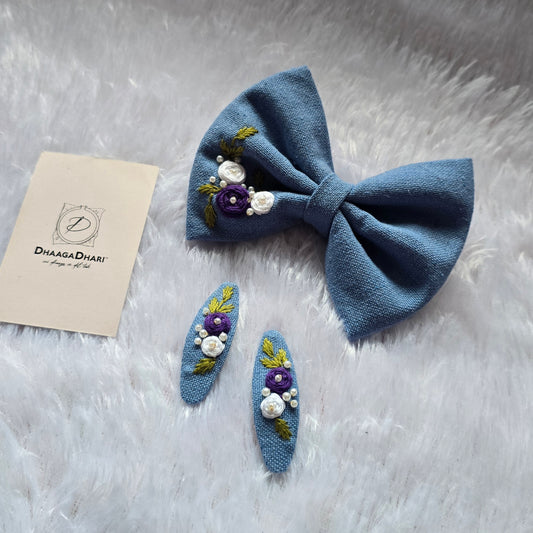 Hand-Embroidered Floral Hair Bows & Clip Sets