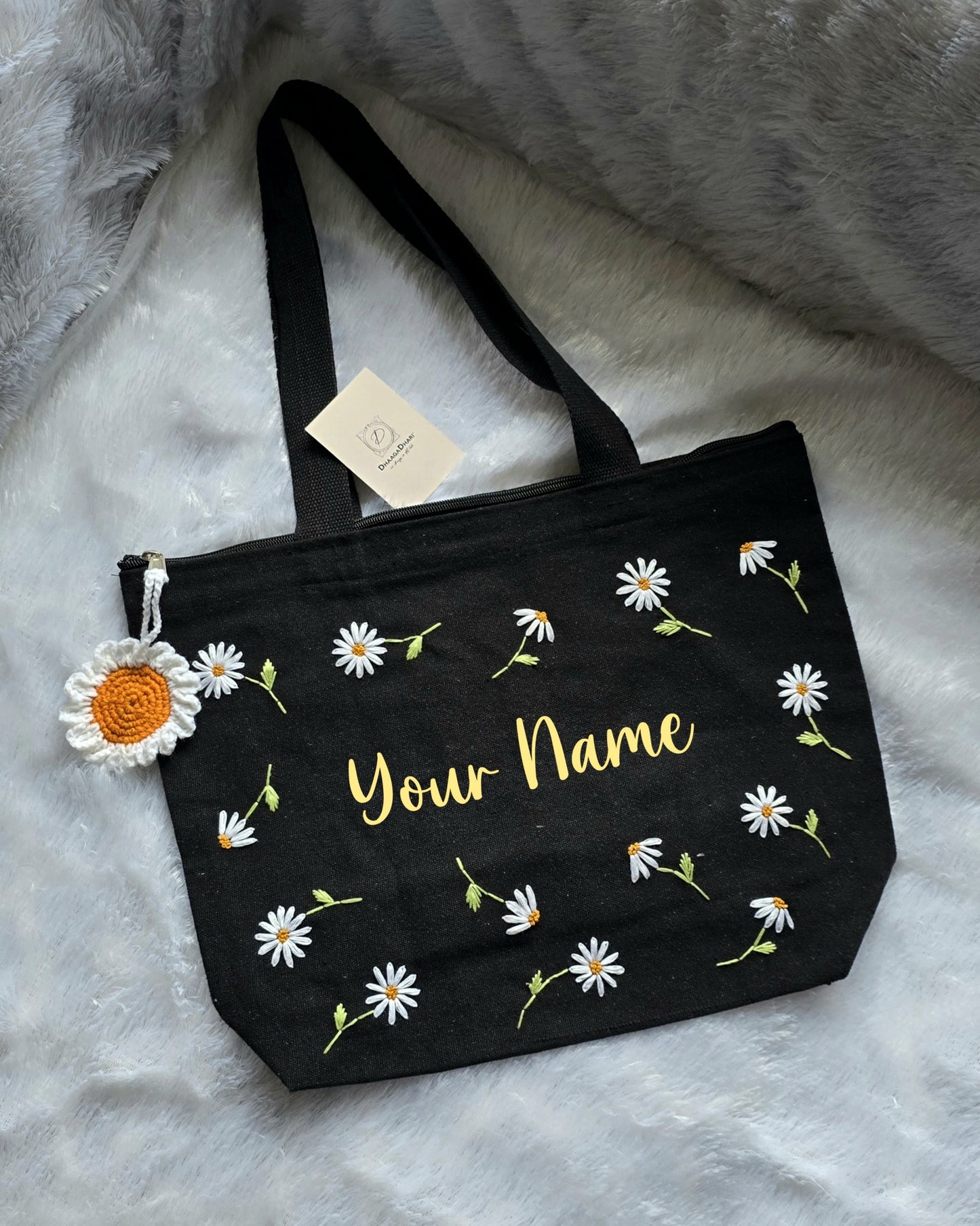 Customized Embroidered Daisy Tote Bag with Zip Closure with Crochet Daisy Charm