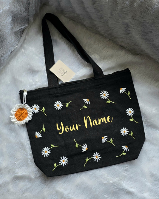Customized Embroidered Daisy Tote Bag with Zip Closure with Crochet Daisy Charm