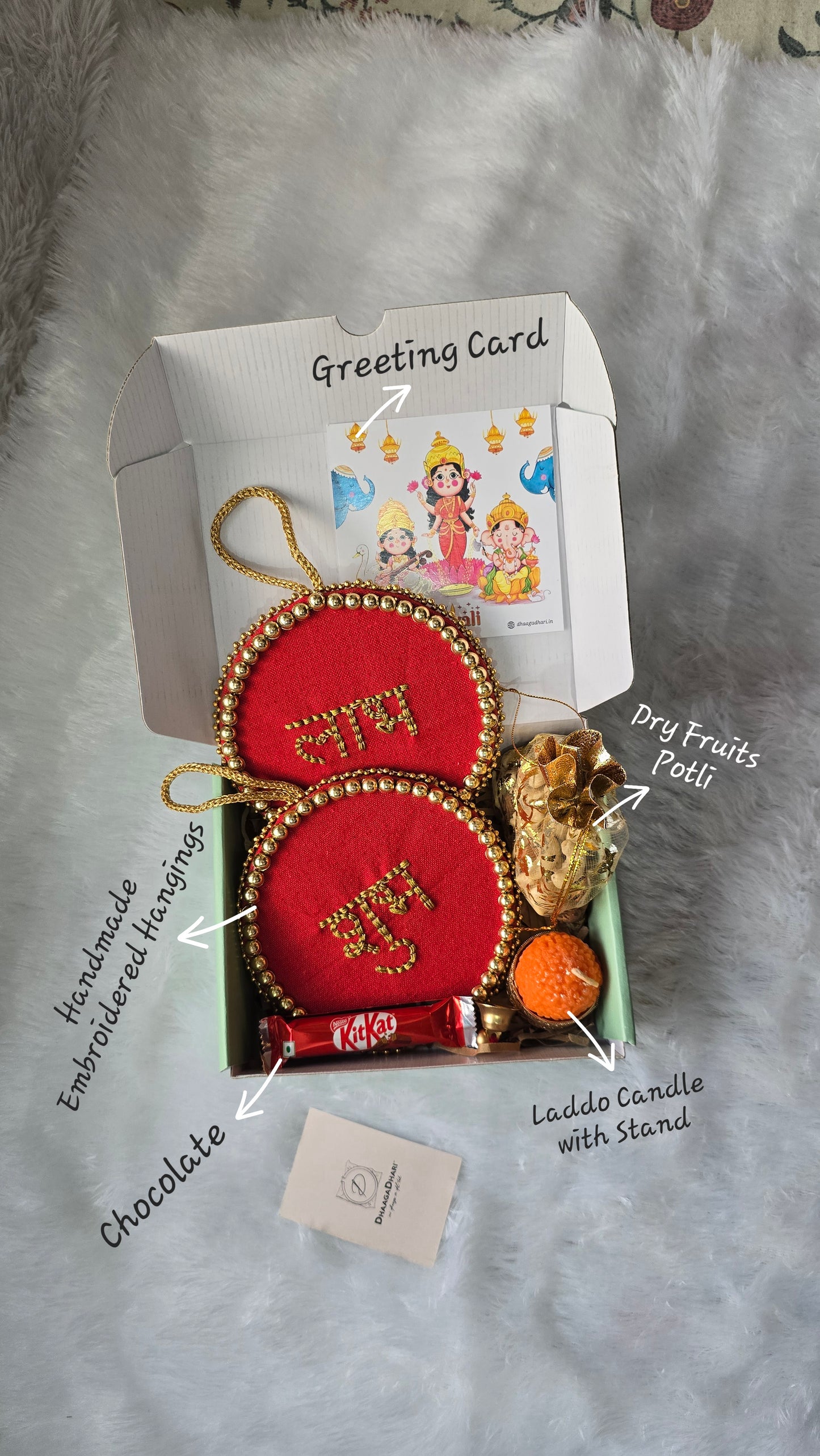 Customizable Diwali Gift Hamper | Hand-Embroidered Shubh Labh & Dry Fruits