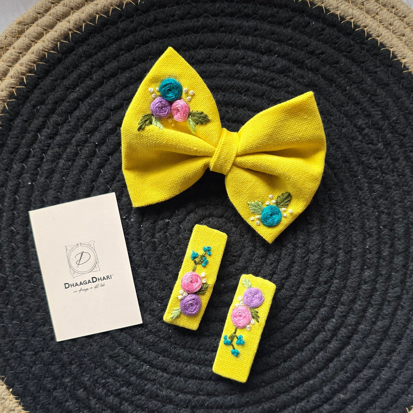 Hand-Embroidered Floral Hair Bows & Clip Sets