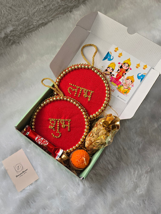 Customizable Diwali Gift Hamper | Hand-Embroidered Shubh Labh & Dry Fruits