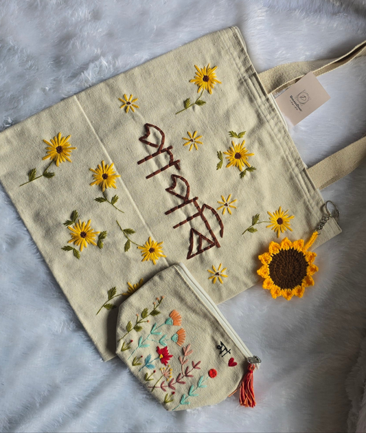 Embroidered Tote Bag Combo with Mini Personalized Pouch