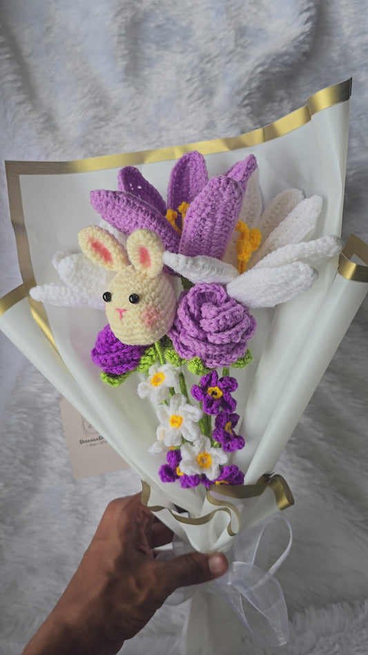 Bunny Blossom Crochet Bouquet – Lilies, Roses & Forget-Me-Nots