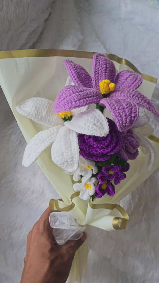 Elegant Crochet Bouquet – Lilies, Roses & Forget-Me-Nots