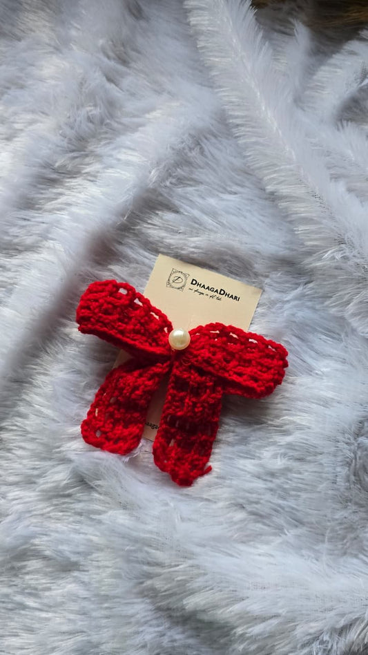 Bold Red Crochet Hair Bow – Pearl Edition