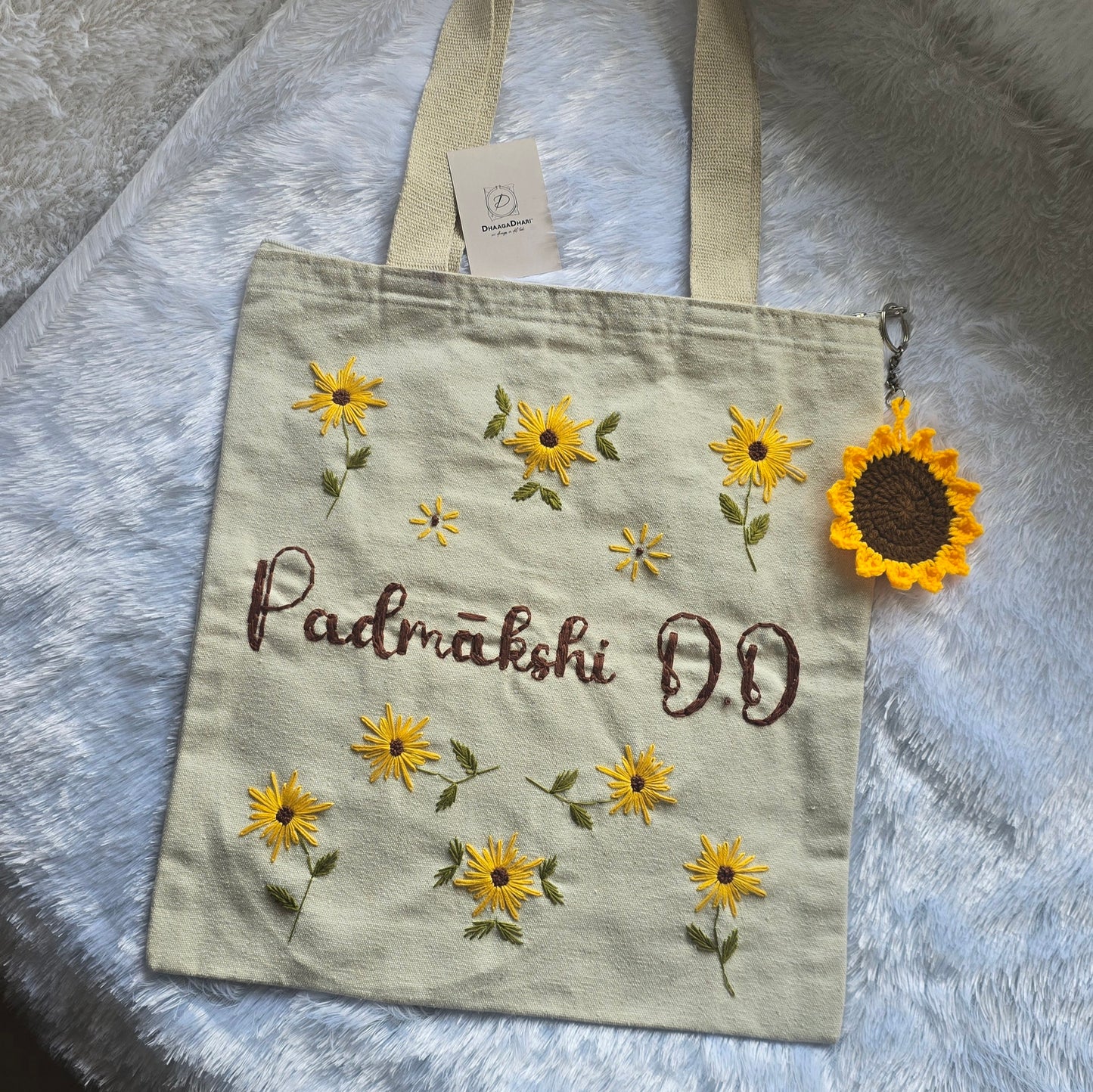 Customized Embroidered Tote Bag | Black & Off-White color with zip | Sunflower | Sunflower Charm