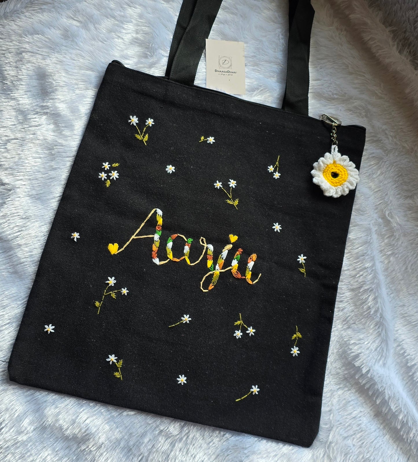 Customized Embroidered Tote Bag | Black & Off-White color with zip | Sunflower | Sunflower Charm