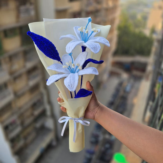 Eternal Bloom: Handmade White & Royal Blue Crochet Lily Bouquet
