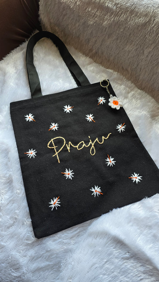 Customized Embroidered Tote Bag | Black & Off-White color with zip | Sunflower | Sunflower Charm