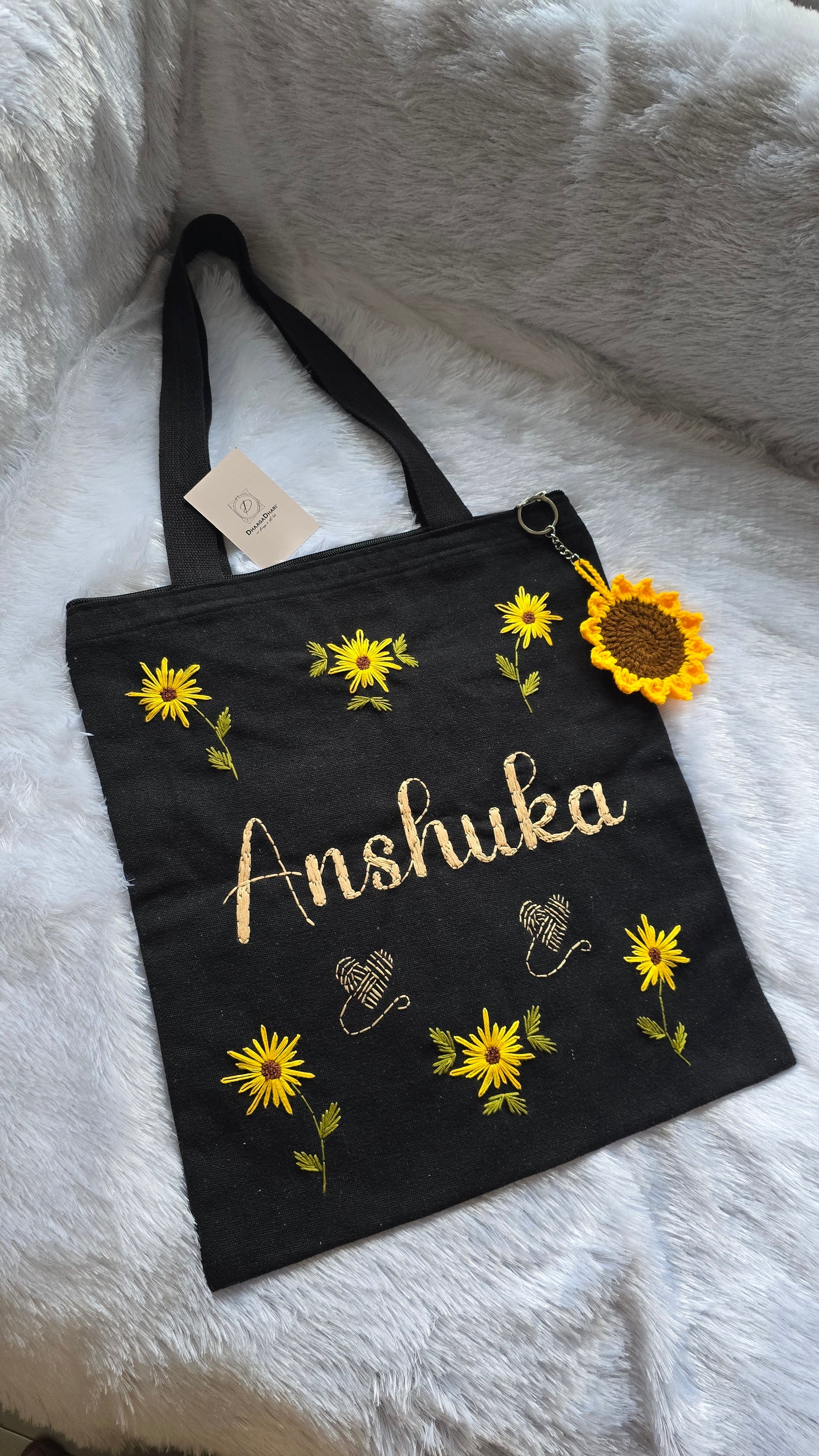 Customized Embroidered Tote Bag | Black & Off-White color with zip | Sunflower | Sunflower Charm