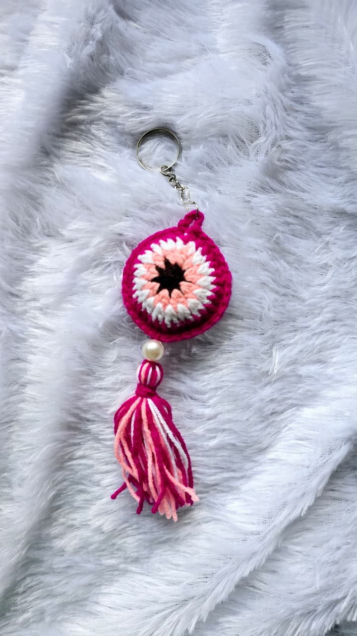 🧿 Pink Protection: Hand-Crocheted Evil Eye Tassel Keychain