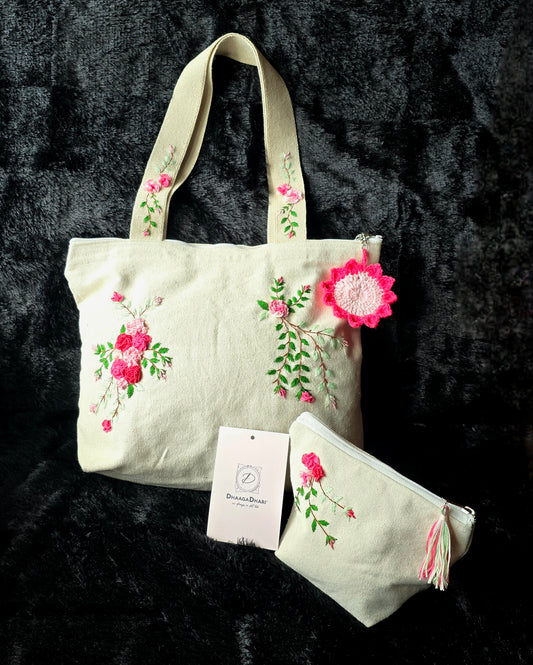 Embroidered Tote Bag with Mini Pouch