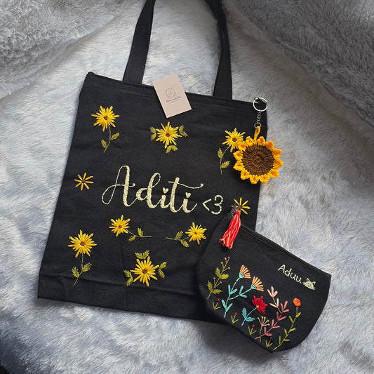 Embroidered Tote Bag Combo with Mini Personalized Pouch