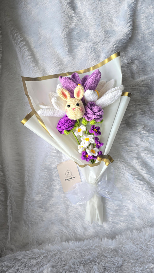 Bunny Blossom Crochet Bouquet – Lilies, Roses & Forget-Me-Nots