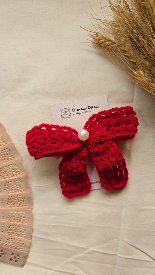Bold Red Crochet Hair Bow – Pearl Edition