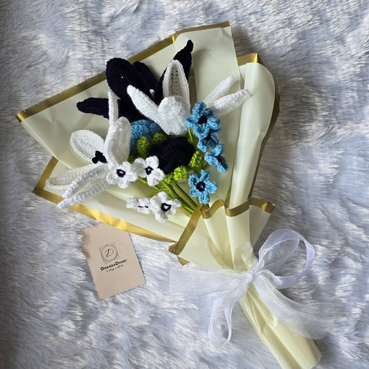 Blue & White Crochet Bouquet – Lilies, Roses & Forget-Me-Nots