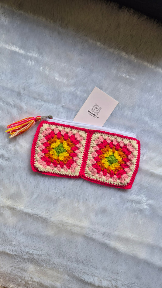 Handcrafted Colorful Granny Square Crochet Zipper Pouch