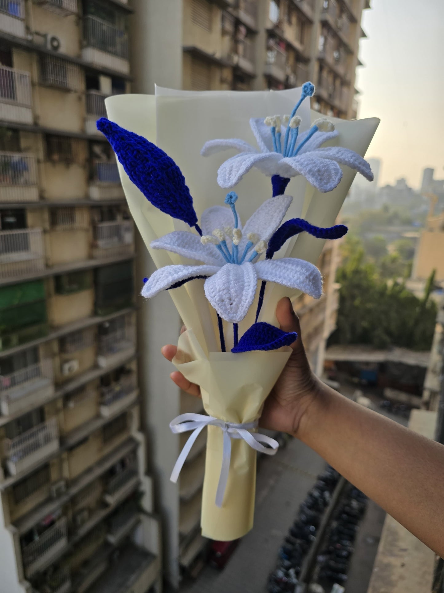 Eternal Bloom: Handmade White & Royal Blue Crochet Lily Bouquet