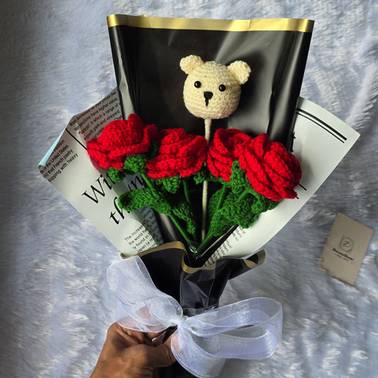 Teddy & Roses Crochet Bouquet – 4 Red Roses with Teddy Face