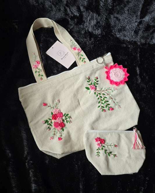 Embroidered Tote Bag with Mini Pouch
