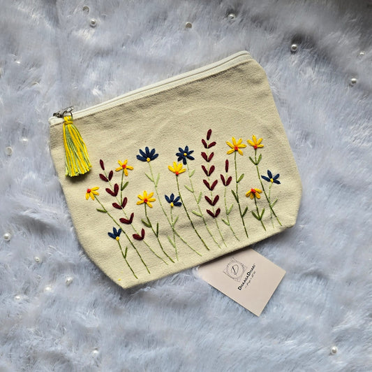 Hand-Embroidered Wildflower Makeup Pouch
