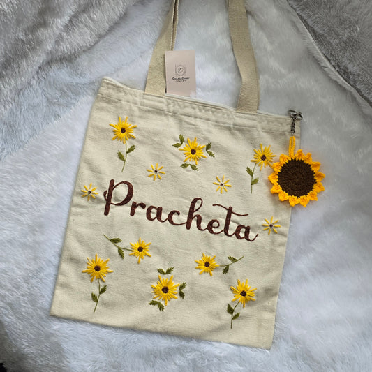Customized Embroidered Tote Bag | Black & Off-White color with zip | Sunflower | Sunflower Charm