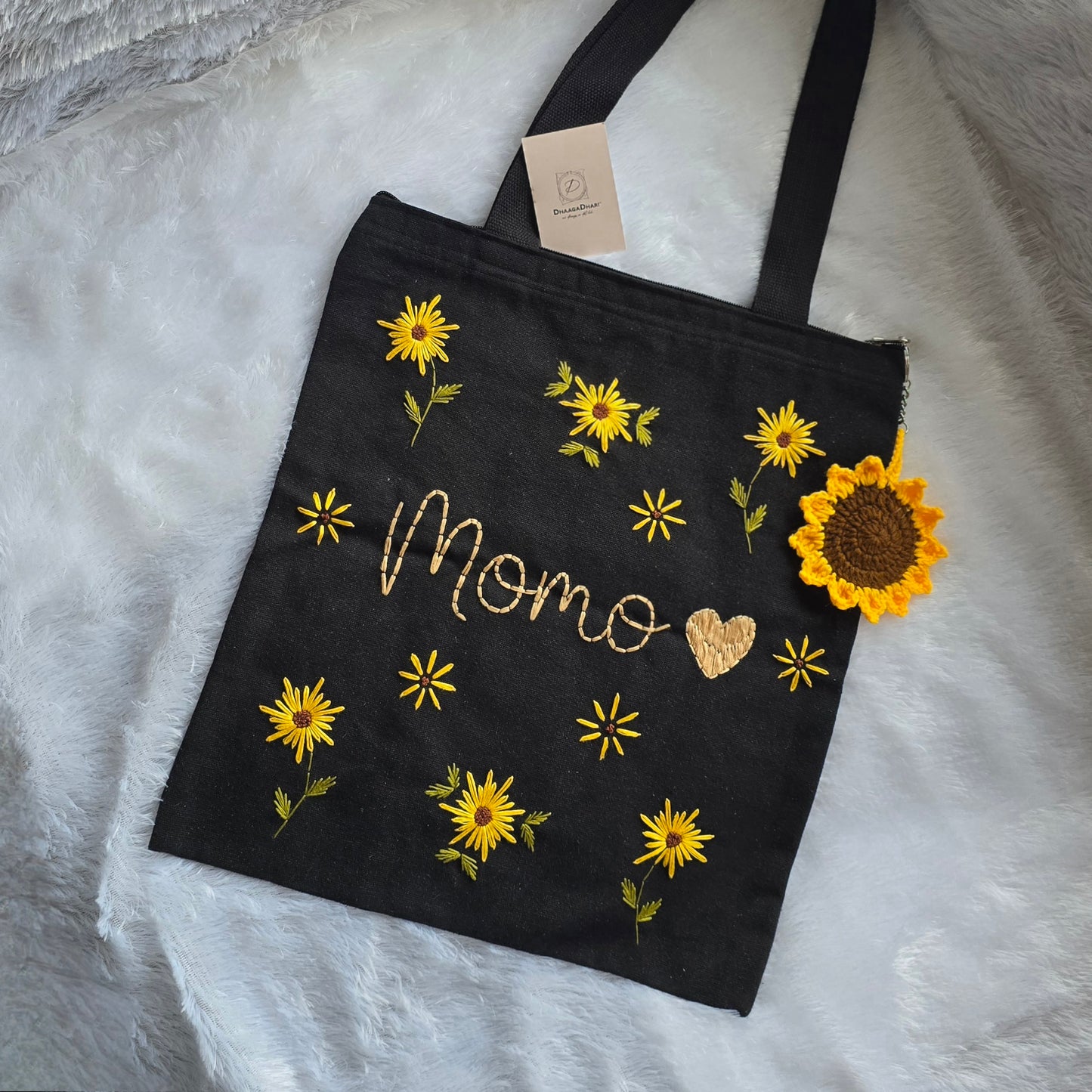 Customized Embroidered Tote Bag | Black & Off-White color with zip | Sunflower | Sunflower Charm